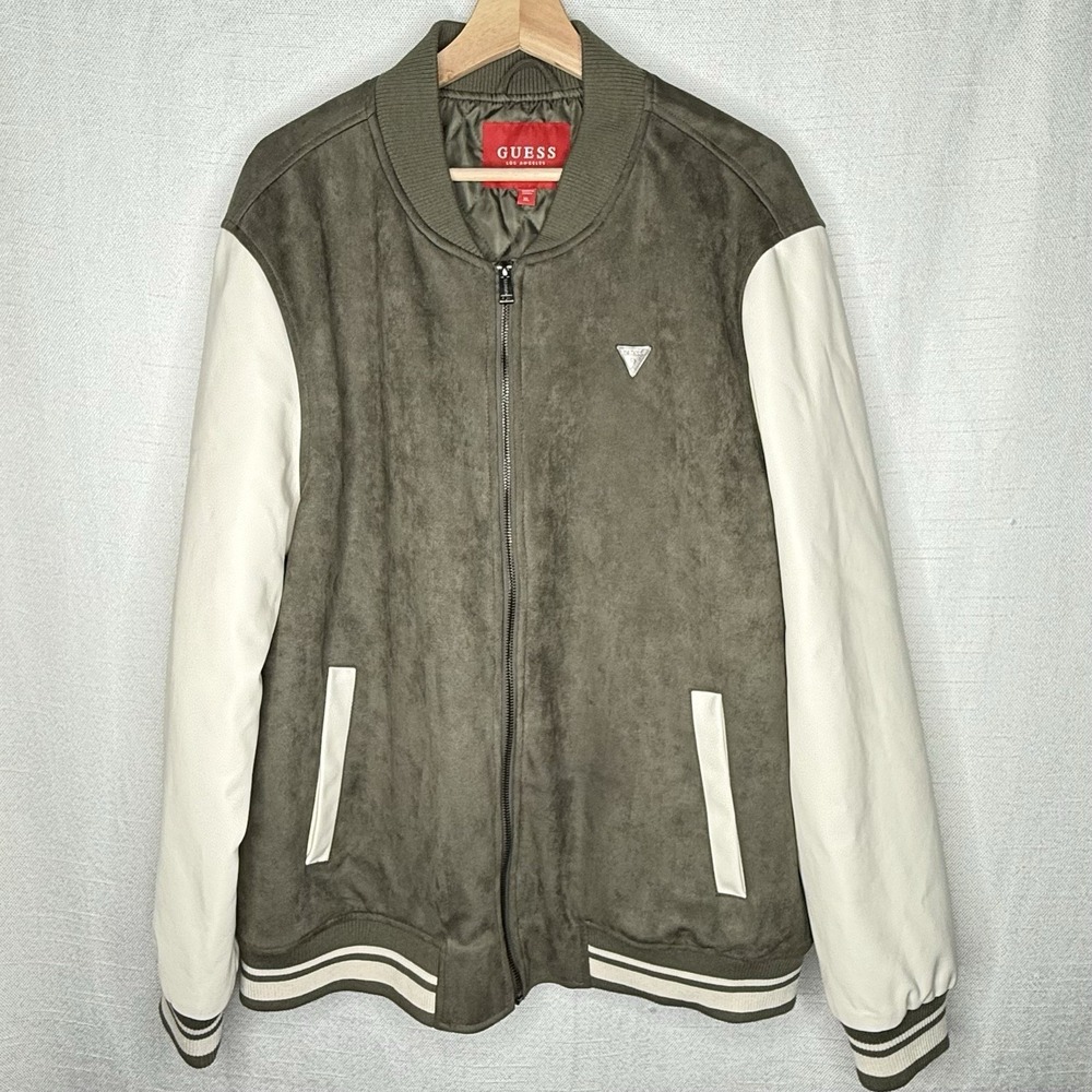 Guess Varsity‎ Bomber Jacket Mens XL Olive Green Faux Suede Leather Logo Trap